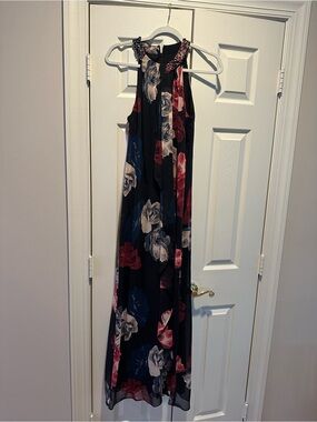 SLNY Navy Floral Halter Maxi Dress with Red, Blue & Cream Blooms